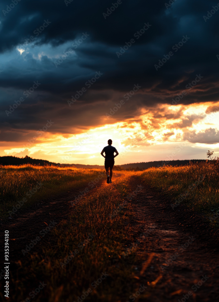 Silhouette of person running on path at sunset, evoking determination and serenity. Silhouette of person running on path at sunset, evoking determination and serenity.