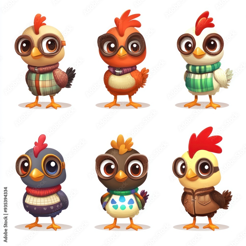 Fototapeta premium A collection of cute cartoon birds in various outfits and colors.