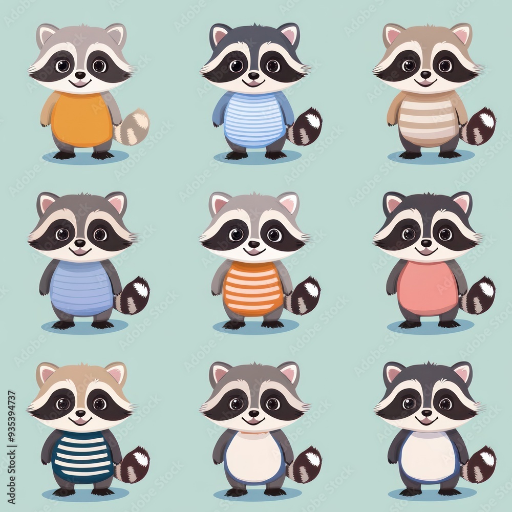 A grid of cute cartoon raccoons in various outfits and colors. A grid of cute cartoon raccoons in various outfits and colors.