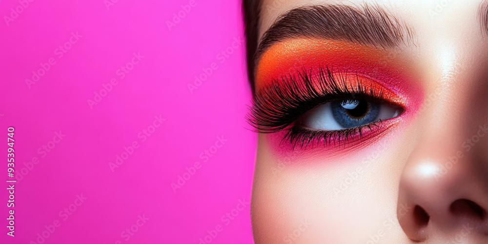 Fototapeta premium Vibrant eye makeup with bold colors and long lashes on pink background.