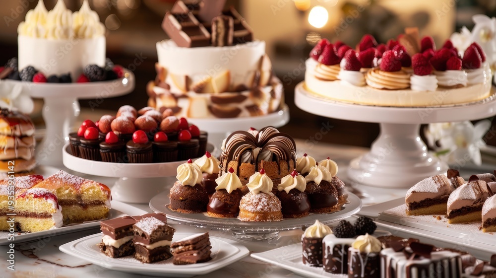 Visualize a decadent dessert spread featuring an assortment of cakes, pastries, and chocolates Visualize a decadent dessert spread featuring an assortment of cakes, pastries, and chocolates