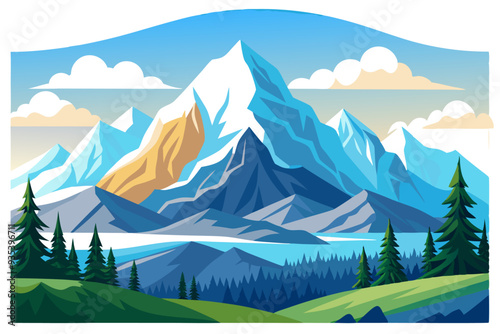 Majestic Mountain Range with Snow-Capped Peaks and Evergreen Forest
