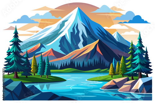Mountainous Landscape with River and Trees