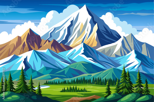 Snowy Mountain Range with Lush Green Valley and Pine Trees