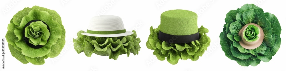Top view of fresh green lettuce heads creatively arranged and styled as different types of hats, all neatly displayed on a transparent background. Top view of fresh green lettuce heads creatively arranged and styled as different types of hats, all neatly displayed on a transparent background.