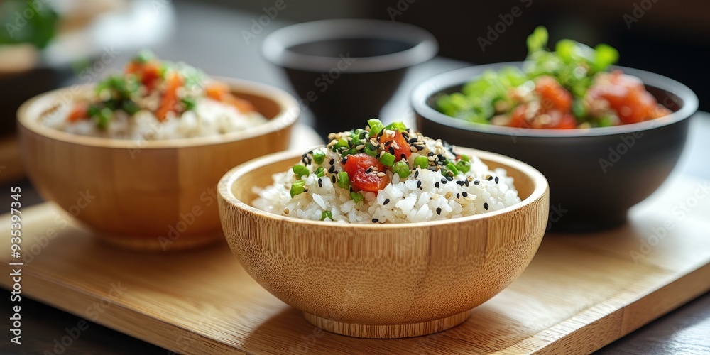 Rice bowls with sesame seeds and green onions. Rice bowls with sesame seeds and green onions.
