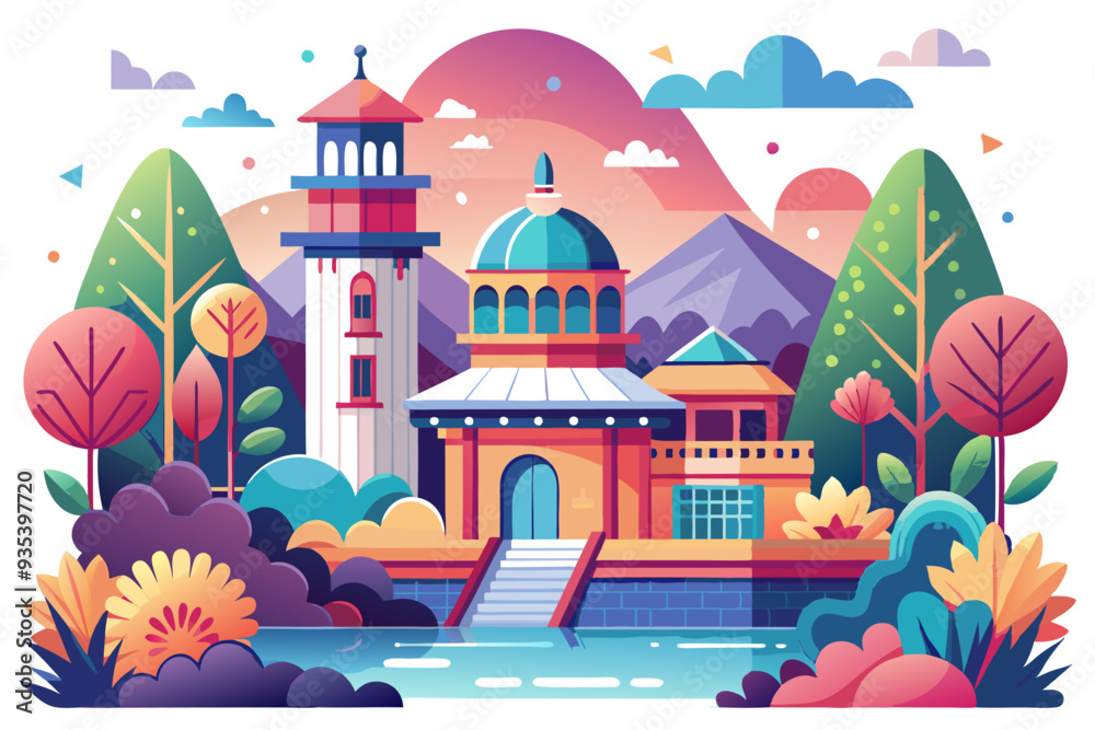 Fototapeta premium Colorful Illustration of a Cityscape with Buildings and Water