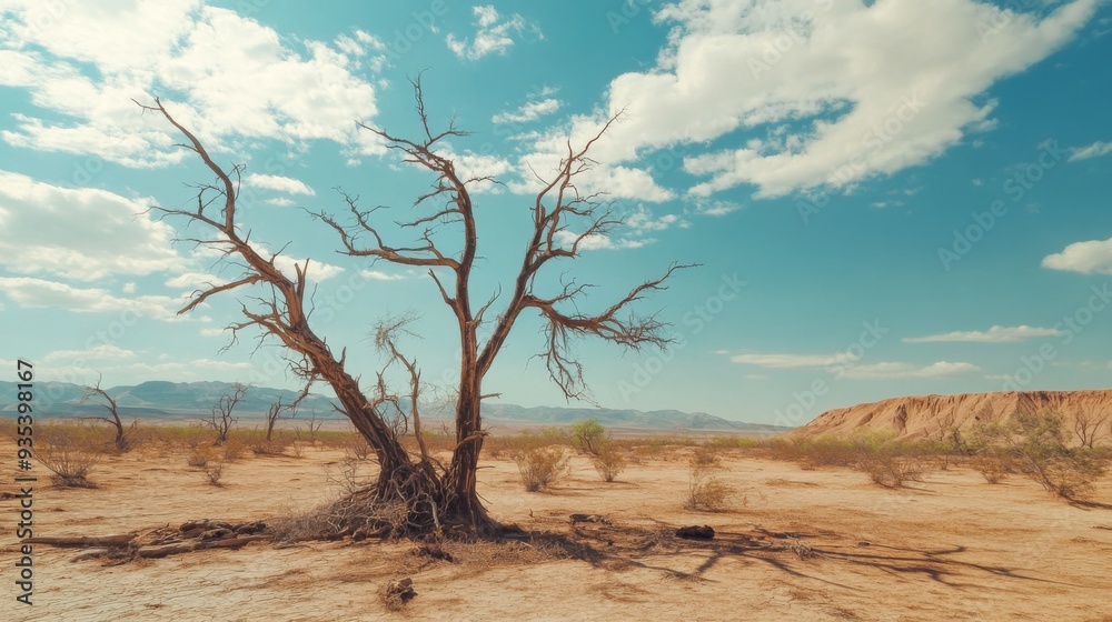 A lonely tree stands in a dry, cracked earth under a vibrant sky. Drought in the desert A lonely tree stands in a dry, cracked earth under a vibrant sky. Drought in the desert