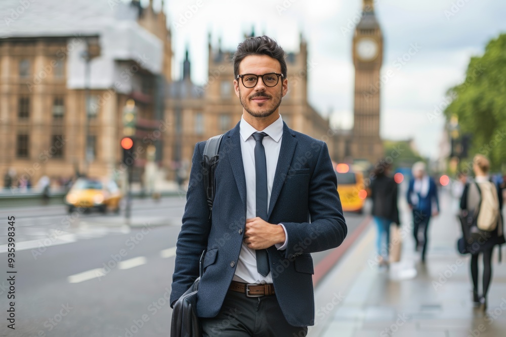 Businessman in Morning Cityscape Near Iconic Landmark Businessman in Morning Cityscape Near Iconic Landmark