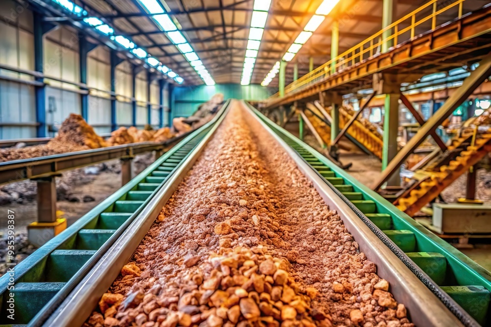 Raw red copper ore on factory processing line Raw red copper ore on factory processing line
