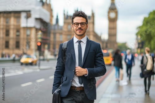 Businessman in Morning Cityscape Near Iconic Landmark