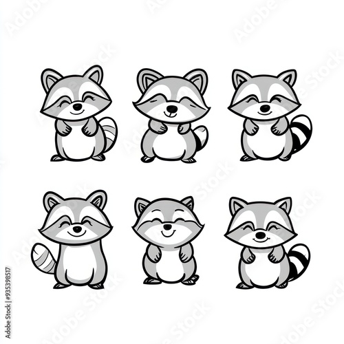 A collection of six cute raccoon illustrations showcasing different expressions.
