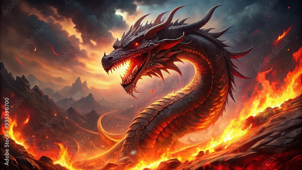 A massive, serpentine dragon emerges from fiery depths, its scales a deep, hellish crimson as it unleashes a torrent of flames into the darkened skies. A massive, serpentine dragon emerges from fiery depths, its scales a deep, hellish crimson as it unleashes a torrent of flames into the darkened skies.