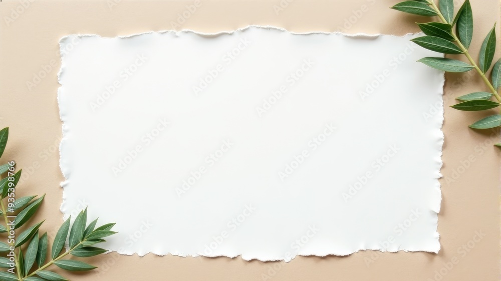 Fototapeta premium Blank Torn Paper with Leaves - Perfect for Invitations, Announcements, and Text Backgrounds