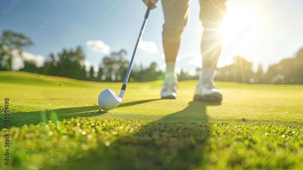 Obraz premium A golfer focuses on the ball as they prepare to swing their club, with sunlight illuminating the vibrant green grass, creating a picturesque setting