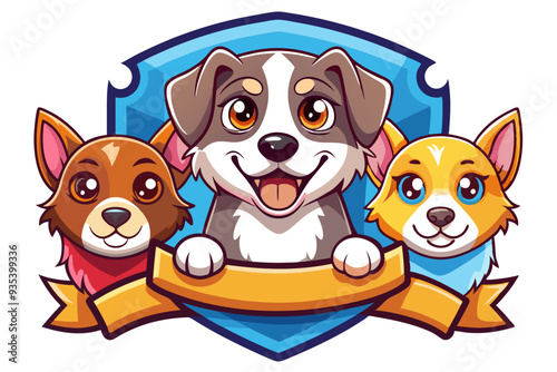 Three Cartoon Dogs with Shield and Banner