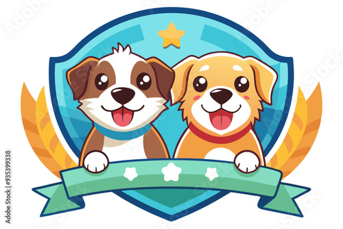 Two Smiling Cartoon Dogs with a Blue Shield and Ribbon