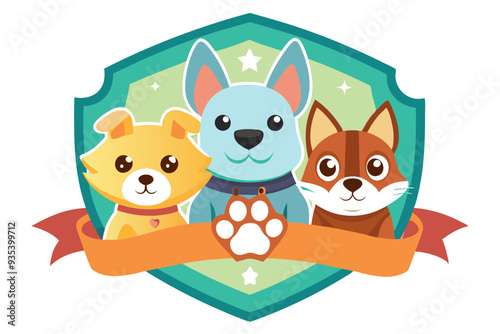 Three Cute Cartoon Dogs in a Shield with a Paw Print and Ribbon