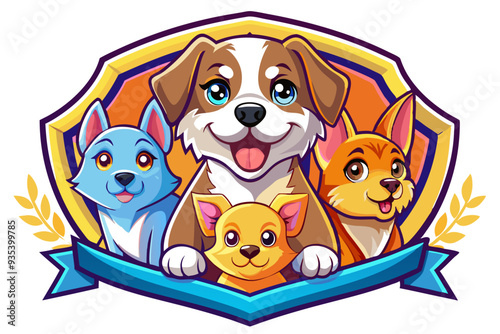 Four Cartoon Dogs Posing in a Shield-Shaped Frame