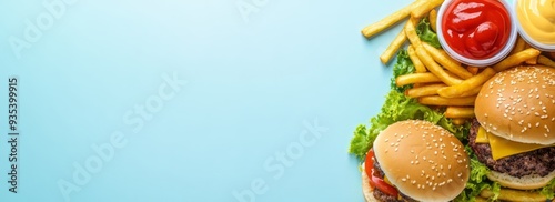 Fast food banner with copyspace. A type of mass produced food designed for commercial resale, with a strong priority placed on speed of service photo