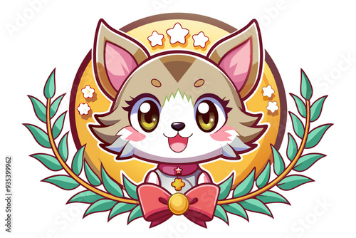 Cute Cartoon Cat with a Laurel Wreath and Stars