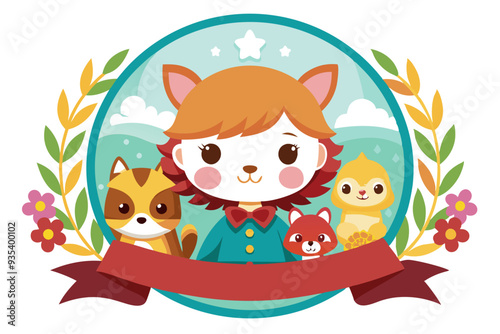 Cute Cartoon Girl with Animal Friends in a Wreath