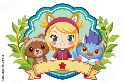Cartoon Girl with Animal Companions in a Decorative Frame