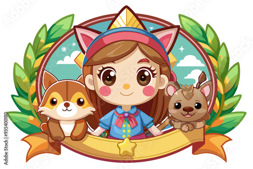 Cartoon Girl with Cat Ears and Two Animal Companions in a Circular Frame