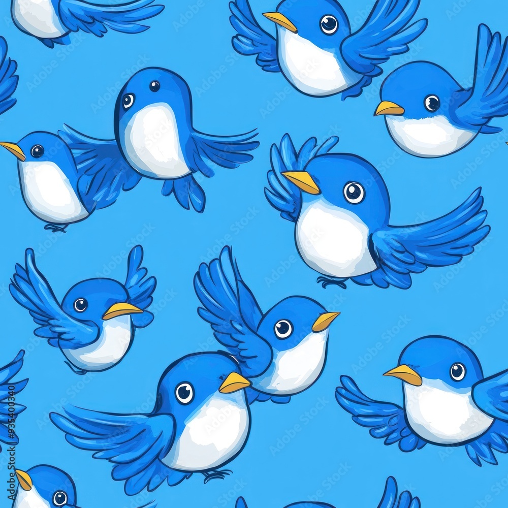 A pattern of cute blue birds with white bellies against a blue background. A pattern of cute blue birds with white bellies against a blue background.