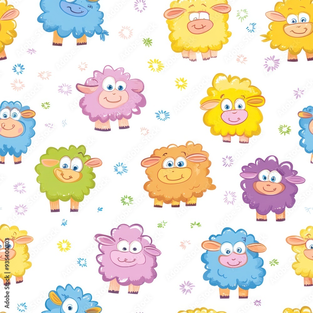 A colorful pattern featuring cartoon sheep in various colors and expressions on a white background. A colorful pattern featuring cartoon sheep in various colors and expressions on a white background.