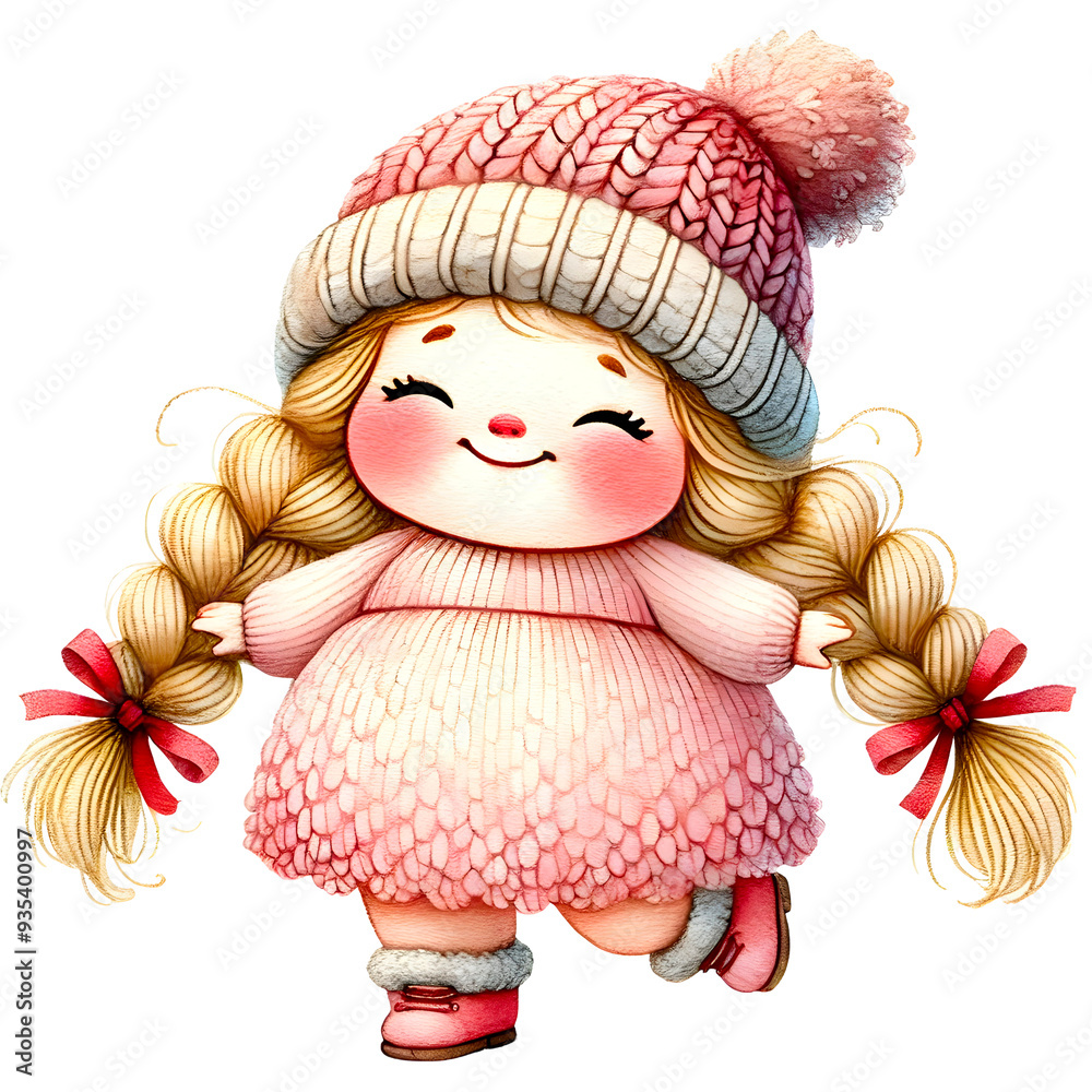 Watercolor cute girl in Winter season, Wearing red outfit,Pastel tone,nursery theme. Watercolor cute girl in Winter season, Wearing red outfit,Pastel tone,nursery theme.