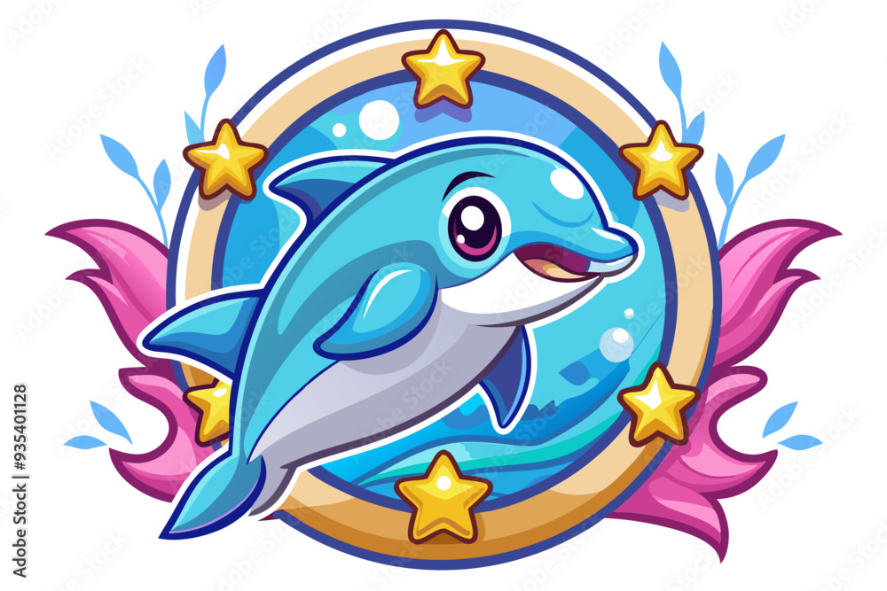 Fototapeta premium Cartoon Dolphin Jumping Through a Starry Ocean Frame