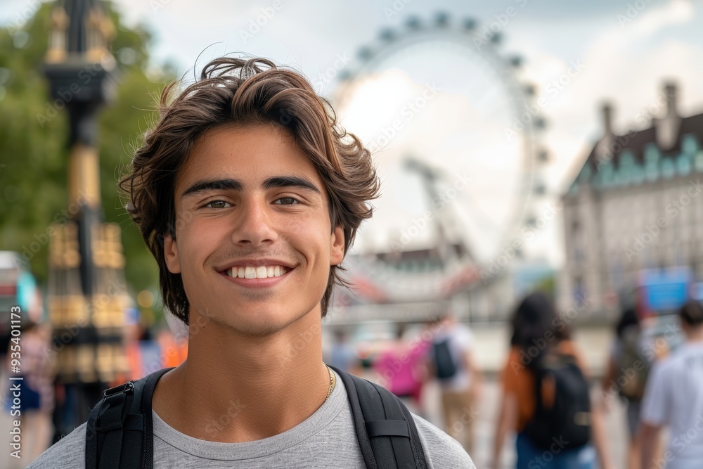 Young Tourist in London with Big Wheel at Daytime Young Tourist in London with Big Wheel at Daytime