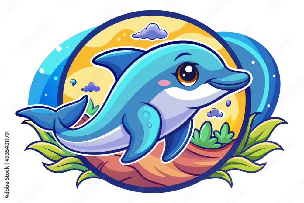 Naklejka premium A Cartoon Dolphin Surfacing from the Ocean
