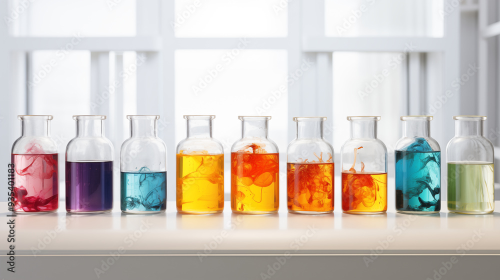 A white table topped with bottles filled with different colored liquids, White modern laboratory. A white table topped with bottles filled with different colored liquids, White modern laboratory.