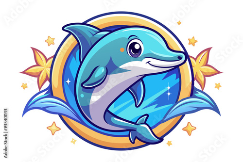Cartoon Dolphin Leaping Through Water with Stars and Flowers