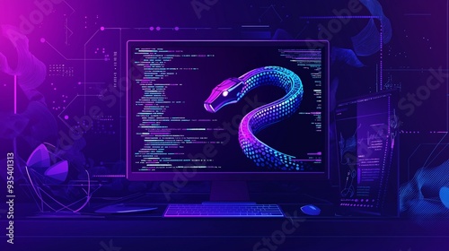 A computer screen displaying python code with a digital snake, symbolizing python programming for data engineering.