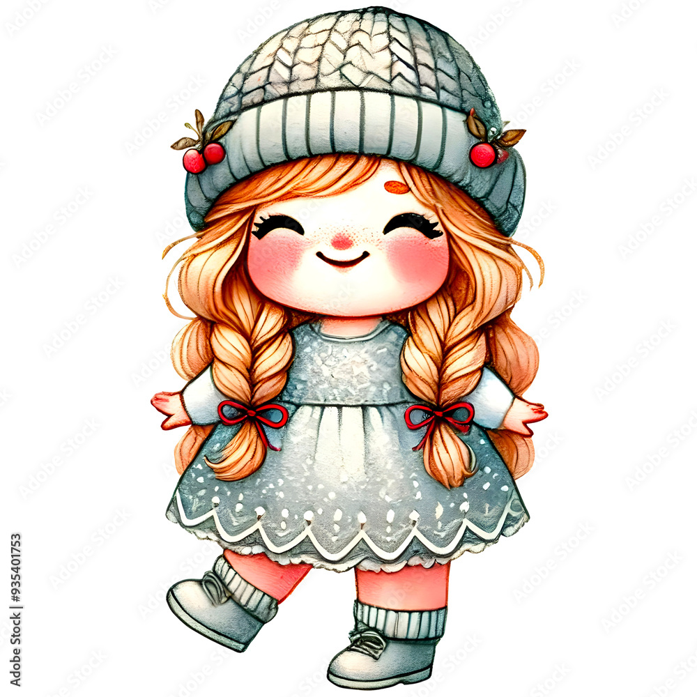 Watercolor cute girl in Winter season, Wearing light grey outfit,Pastel tone,nursery theme. Watercolor cute girl in Winter season, Wearing light grey outfit,Pastel tone,nursery theme.