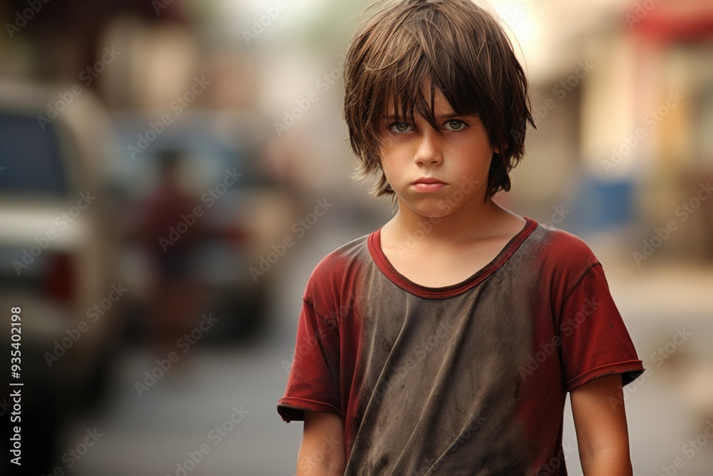 A boy wearing a red shirt and a black shirt is standing in front of a car A boy wearing a red shirt and a black shirt is standing in front of a car