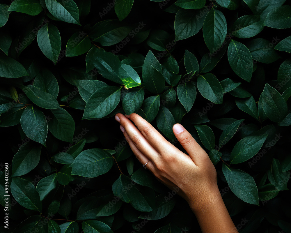 A hand gently touches lush green leaves, evoking sense of calm and connection with nature. A hand gently touches lush green leaves, evoking sense of calm and connection with nature.