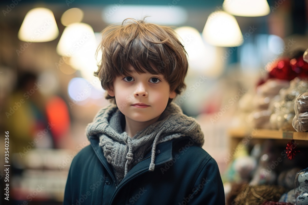 Fototapeta premium A young boy stands in a store with a hoodie on and a smile on his face