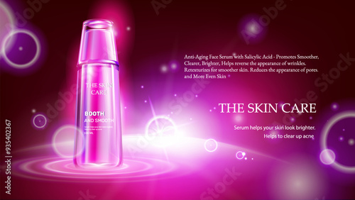 Beauty glass cosmetic product poster. Sparkling background with serum ads, makeup template, glass pink bottle package and dark purple shiny magenta glitter design 3D Vector stock illustration