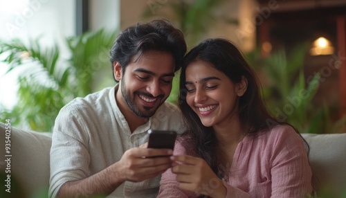 Indian man and woman are sitting on a couch and looking at a cell phone