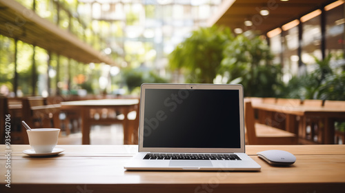 Laptop computer with blank screen on wooden table in reading room, Library blurred background, University library