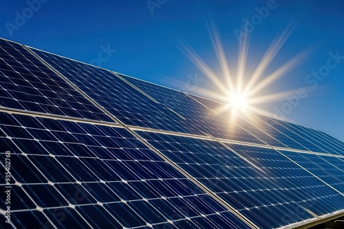 Bright sun shining over solar panels, illustrating renewable energy and sustainable technology on a clear blue sky.