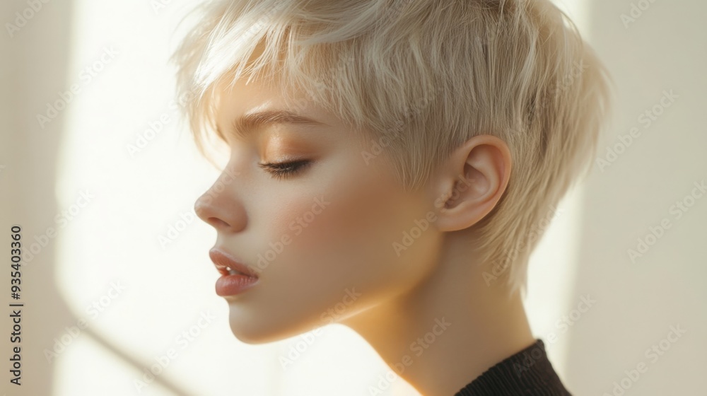 A young woman with short blonde hair is seen in profile, illuminated by gentle sunlight streaming through a window. A young woman with short blonde hair is seen in profile, illuminated by gentle sunlight streaming through a window.
