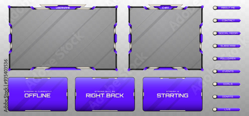 Stream Overlay Webcam Screen Frame and Stream Alert GUI Panels in Purple, Silver and Metallic Black for Gaming and Live Video Streaming Platforms