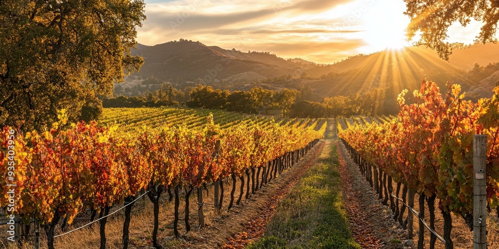 Naklejka premium Golden vineyard sunset with sun rays.