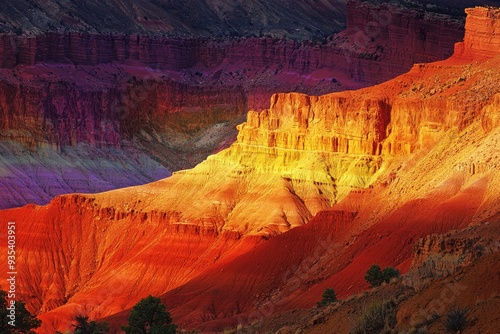 A bright, colorful canyon with layers of red, orange, and yellow rocks, illuminated by the midday sun