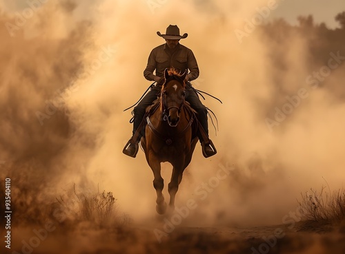 A cowboy riding his horse fast in the dusty sunset.